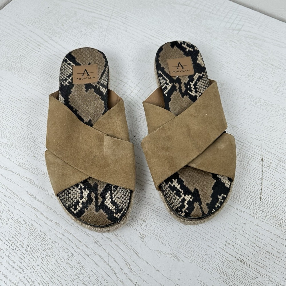 AQUATALIA Elyse Suede Crossover Slide‎ Sandals Women's 10 Snake Print Tan/Brown